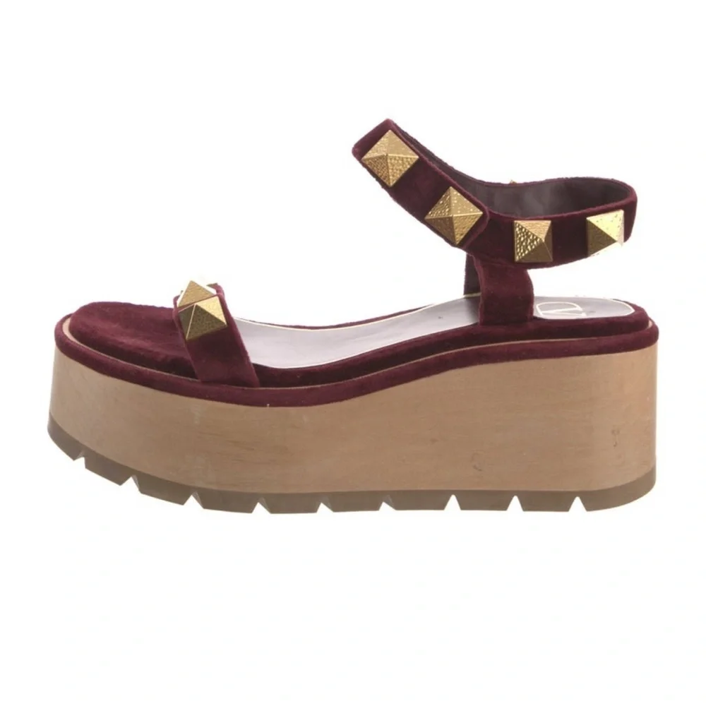 Valentino Burgundy Velvet Rockstud Platform Sandals